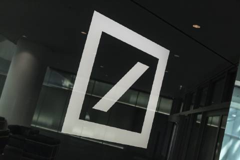 Deutsche Bank logo in the foyer of the corporate headquarters in Frankfurt am Main Taunusanlage