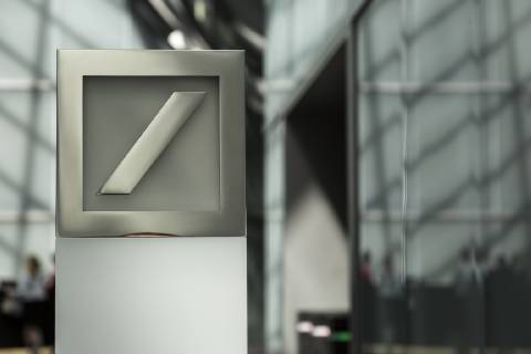 Deutsche Bank logo in the foyer of the corporate headquarters in Frankfurt am Main Taunusanlage