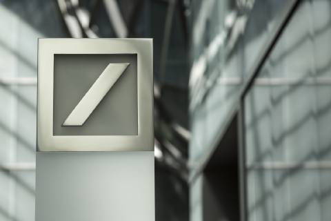 Deutsche Bank logo in the foyer of the corporate headquarters in Frankfurt am Main Taunusanlage