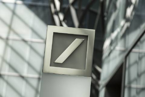 Deutsche Bank logo in the foyer of the corporate headquarters in Frankfurt am Main Taunusanlage