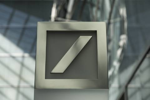 Deutsche Bank logo in the foyer of the corporate headquarters in Frankfurt am Main Taunusanlage