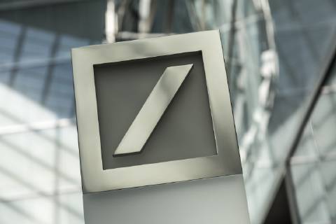 Deutsche Bank logo in the foyer of the corporate headquarters in Frankfurt am Main Taunusanlage