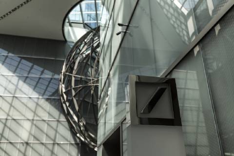 Deutsche Bank logo in the foyer of the corporate headquarters in Frankfurt am Main Taunusanlage