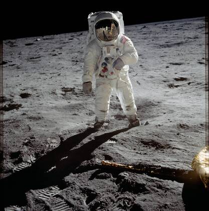 Astronaut Buzz Aldrin walks on the surface of the moon near the leg of the lunar module Eagle during the Apollo 11 mission. Mission commander Neil Armstrong took this photograph with a 70mm lunar surface camera. While astronauts Armstrong and Aldrin explored the Sea of Tranquility region of the moon, astronaut Michael Collins remained with the command and service modules in lunar orbit. Apollo 11 landed on the lunar surface 50 years ago this month on July 20, 1969. NASA  WAX2019070906 NASA