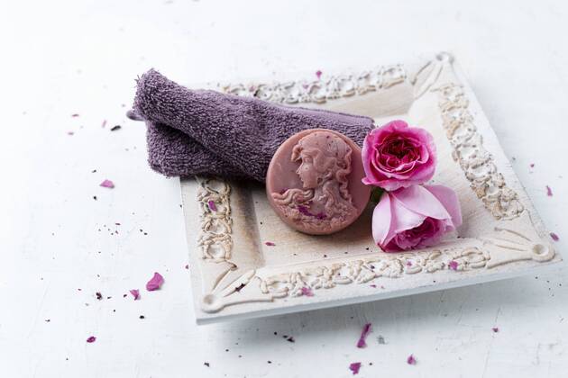 Homemade rose soap, flower and washcloth  MYF02117