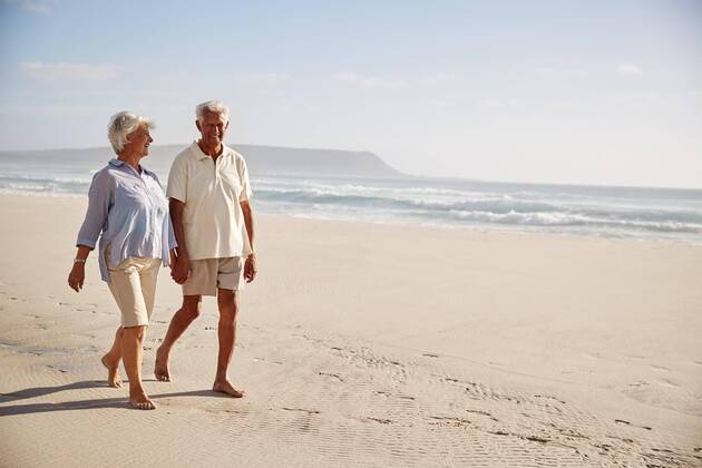  Senior Retired Couple Walking Along Beach Hand In Hand Together ,model released, Symbolfoto  Copyright: xMonkeybusinessx Panthermedia24750484