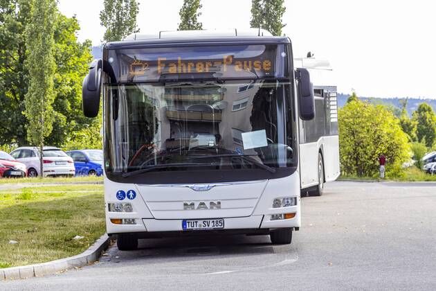 DEU, Germany, Baden Württemberg, Tuttlingen, 04 08 2019 Public bus in Tuttlingen Driver has a break