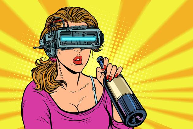  VR glasses. Woman drinking wine from a bottle. Loneliness and sa  Copyright: xstudiostoksx Panthermedia25916417