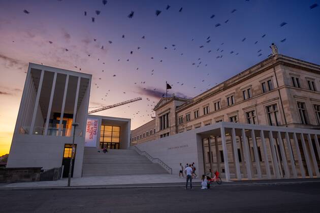 Museum Island Germany, Berlin, 21 07 2019, James Simon Galerie, new entrance to the Pergamonmuseum, Neues Museum on the right, crows in the sky,