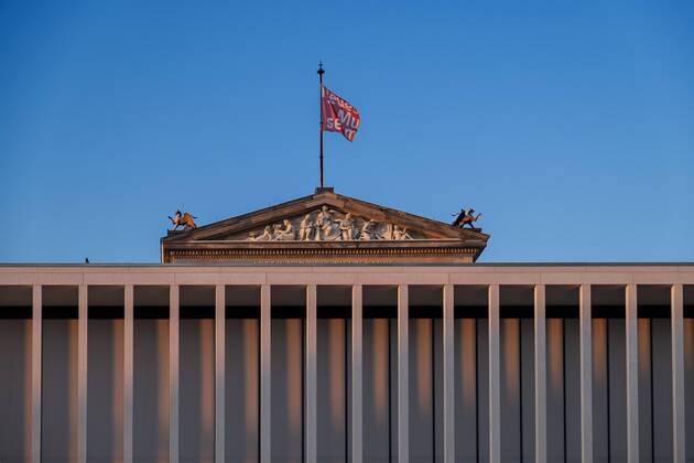 Museum Island Germany, Berlin, 21 07 2019, James Simon Gallery, columns, new entrance to the Pergamonmuseum, relief and flag on the roof of the Neues Museum,