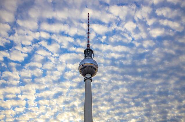 Alexanderplatz, television tower, sky with many fleecy clouds, Berlin,