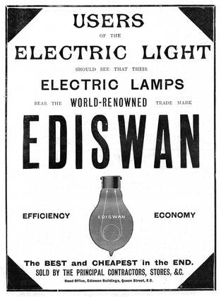 Advertisement for Ediswan incandescent light bulbs, 1898. The Ediswan brand was the result of a merging of the interests of the two pioneers of electric light bulbs, the American Thomas Alva Edison (1847-1931) and the Englishman Joseph Wilson Swan (1828- Photos12.com - Ann Ronan Picture Library Copyright: xPhoto12 AnnxRonanxPicturexLibraryx ARP07103460000770