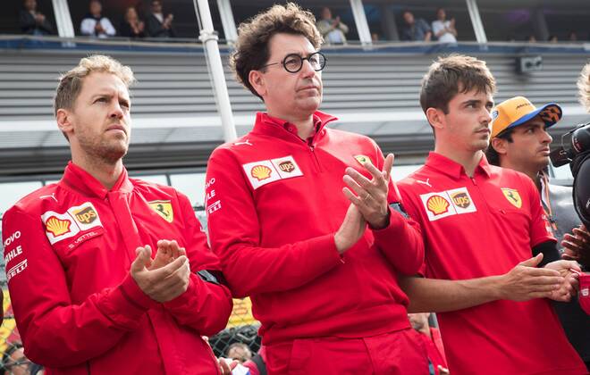 Ferrari s German driver Sebastian Vettel, Ferrari Team Principal Mattia Binotto and Ferrari s Monegasque driver Charles Leclerc pictured during a minute of silence for deceased French pilot Anthoine Hubert, before the Spa-Francorchamps Formula One Grand Prix of Belgium race, in Spa-Francorchamps, Sunday 01 September 2019. The 22-year-old Hubert was killed in a crash yesterday, during the Formula 2 feature race on the Spa-Francorchamps track. BENOITxDOPPAGNE 2388229