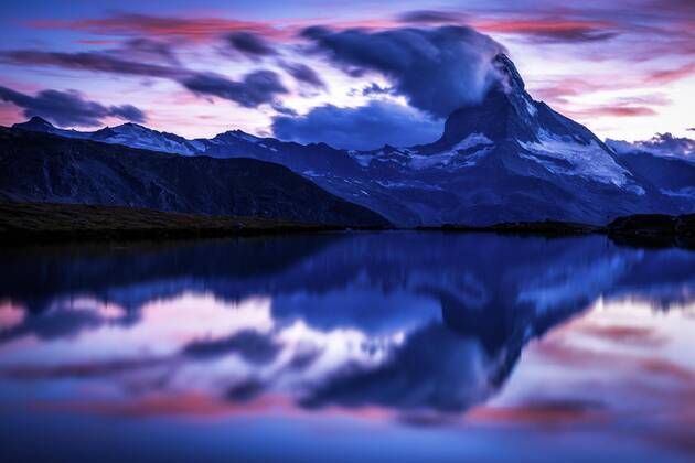 Matterhorn at sunset reflected in Stellisee, Zermatt, Valais, Switzerland, Europe Copyright: imageBROKER/KimxPetersen ibxkip05031170.jpg