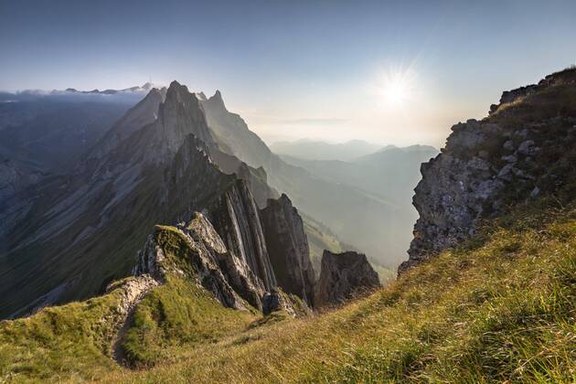Mountain ridge in the Alpsteingebirge in atmospheric light, behind the Säntis, Alpstein, Canton Appenzell, Switzerland, Europe Copyright: imageBROKER/RobertxHaasmann ibxroh05033013.jpg