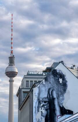 Facade face Germany, Berlin, 16 08 2019, gable with face eye, television tower, Prenzlauer Allee,