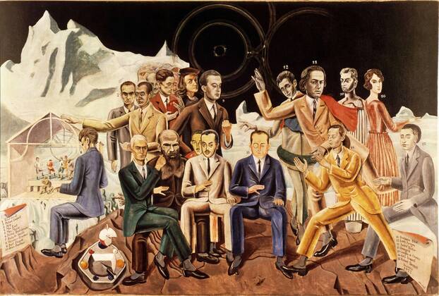 Ernst, Au rendez-vous des amis Max Ernst German school Rendez-vous of Friends Seated and from left to right: RenÃ© Crevel, Max Ernst, Dostoievsky, ThÃ©odore Fraenkel, Jean Paulhan, Benjamin PÃ©ret, Johannes Baargeld, Robert Desnos. Debout : Philippe Soupault, Jean Arp, Max Morise, RaphaÃ«l, Paul Ã‰luard, Louis Aragon, AndrÃ© Breton, Giorgio de Chirico, Gala Ã‰luard 1922 Oil on canvas (127 x 193 cm) Cologne, Ludwig museum Max Ernst (1891-1976). These photographic works are protected by legislation concerning literary and artistic property in all countries. Royalties are handled by ADAGP. To publish or diffuse these photographs, you must imperatively obtain the authorization of ADAGP or its correspondents abroad and to pay corresponding royalties. If you download this image in high definition, your postal address, telephone number and e-mai Copyright: xPhoto12 ArchivesxSnarkx DFS15A01_030
