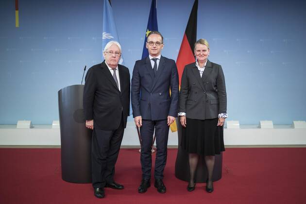 Federal Foreign Minister Heiko Maas M , SPD, admitted at the meeting with Lise Grandee R , resident UN coordinator in Yemen, and Martin Griffiths L , UN Special Representative for Yemen, in Berlin, 13 09 2019 Berlin Germany Copyright: xFlorianxGaertner photothek.netx