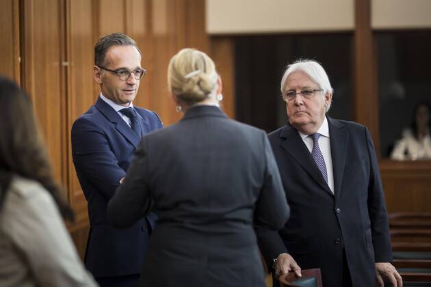 Federal Foreign Minister Heiko Maas L , SPD, admitted at the meeting with Lise Grandee M , resident UN coordinator in Yemen, and Martin Griffiths R , UN Special Representative for Yemen, in Berlin, 13 09 2019 Berlin Germany Copyright: xFlorianxGaertner photothek.netx