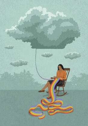 Woman knitting a rainbow from a grey cloud  Copyright: xJohnxHolcroftx 11920333