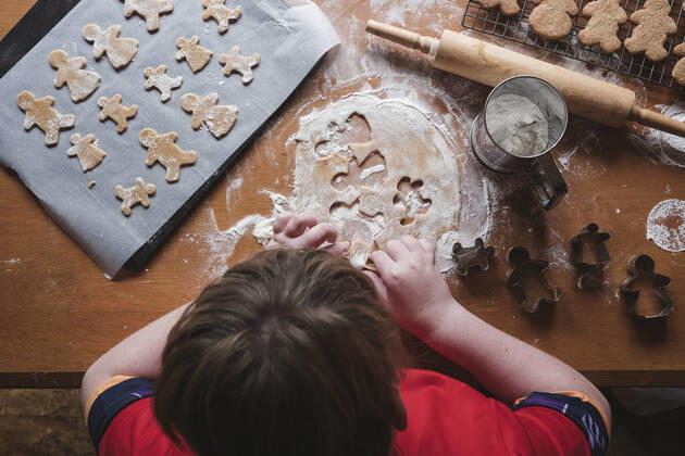 Looking down at boy cutting out gingerbread from dough New Zealand, Taranaki, Hawera CR_LVBS191016-207964-01