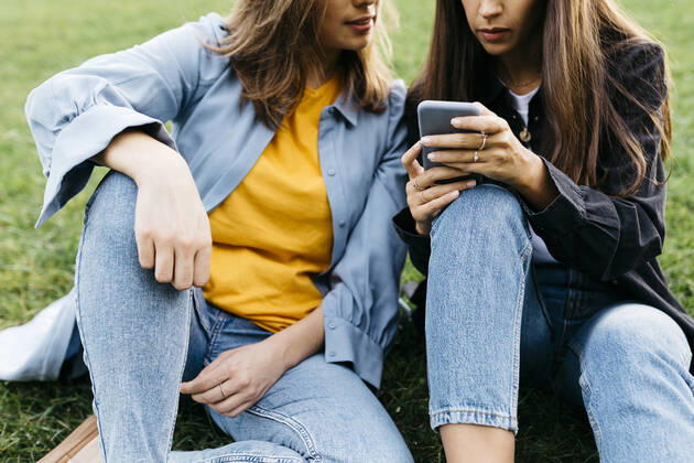 Two friends looking on the smartphone, sitting on a meadow of a park model released Symbolfoto  JRFF03805