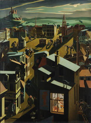German small town at night, 1923, oil on board, 100 x 75 cm, signed and dated lower left: Georg Scholz., 1923, inscribed on the back by the artist: German small town by night painted by Georg Scholz to Grötzingen, Amt Durlach (Baden) in 1923 (IX.), Georg Scholz, Wolfenbüttel 1890 1945 Waldkirch  Copyright Artokoloro LC190917_055455