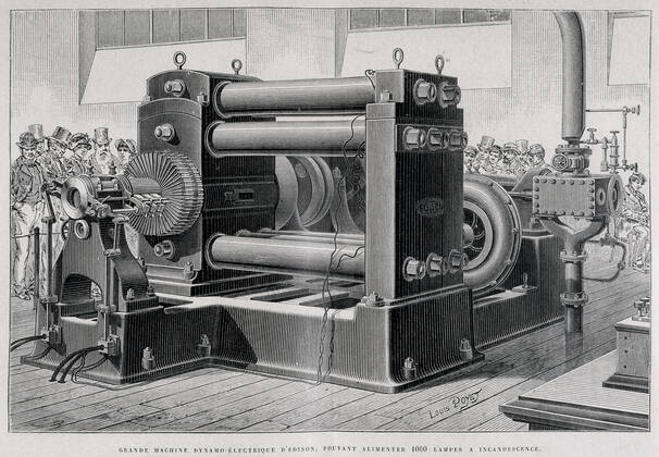 EDISON Large EDISON dynamo electric machine capable of operating 1000 incandescent lamps presented at the International Exhibition of Electricity at the Palais de lIndustrie in 1881 Engraving in Main applications of electricity by E HOSPITALIER, 1882 Credit Collection Kharbine Tapabor  KH36707