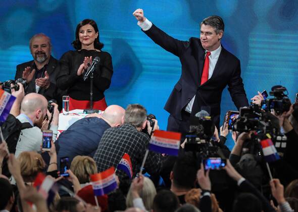 Zoran Milanovic, new Croatian president - Zagreb, Croatia 05.01.2020., Zagreb, Croatia - Former Croatian Prime minister Zoran Milanovic speaks on the stage after presidental elections of Croatia after defeating incumbent president Kolinda Grabar Kitarovic.  JuricaxGaloic PIXSELL