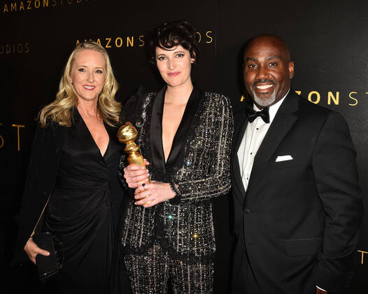 BEVERLY HILLS, CALIFORNIA - JANUARY 05: Jennifer Salke, Phoebe Waller-Bridge and Vernon Sanders attend the Amazon Studios Golden Globes After Party at The Beverly Hilton Hotel on January 05, 2020 in Beverly Hills, California. Photo: imageSPACE MediaPunch Copyright: ximageSPACEx