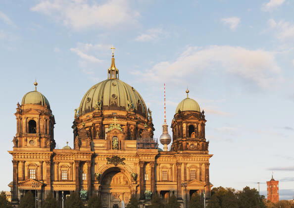Germany, Berlin, Facade of Berlin Cathedral with Berlin TV Tower in background GWF06218
