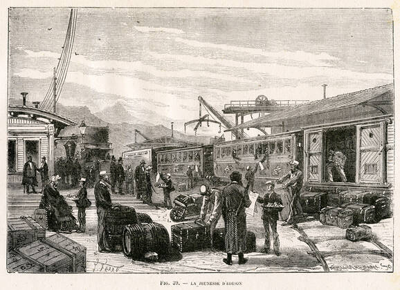 Thomas EDISON The youth of Thomas EDISON 1847 1931 as a newspaper seller Illustration by Jules FERAT around 1890 for Les nouvelles conquetes de la science L electricity by Louis FIGUIER 1819 1894 Credit Coll Jonas Kharbine Tapabor  KH193092