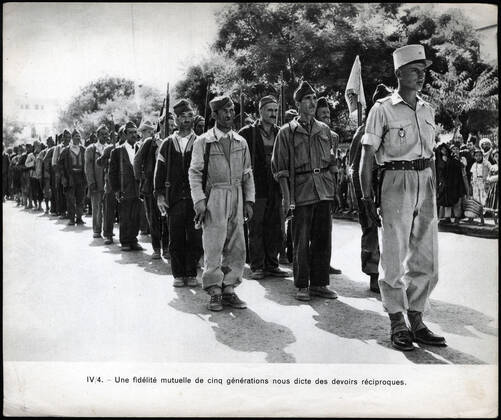 WAR IN ALGERIA A mutual loyalty of five generations dictates reciprocal duties to us Algerians incorporated into the French army Anonymous photograph around 1958 for the French propaganda Credit Collection IM Kharbine Tapabor  KH202448