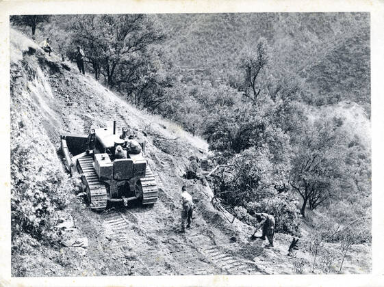 1956 Algerian War On the front, caption of the photo One of the tasks of the pacification army, construction of a track in the mountains Postcards on both sides sent in 1956, Algerian War, propaganda of the French Army see numbers kh239410 kh239411 kh239412 kh239413 Credit COllection Grob KHARBINE TAPABOR  KH239410