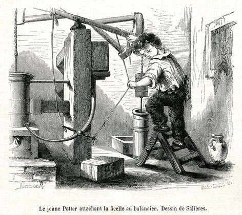 Humphry POTTER The young Humphry POTTER, in order to get rid of the ungrateful task he had to perform, attached the string to the pendulum and thus improved the efficiency of Thomas NEWCOMENs steam engine 1663 1729 Illustration of SALIERS 19 s for the Family Museum of December 1861 NEWCOMEN Credit Collection Kharbine Tapabor fire or water pump  KH231753