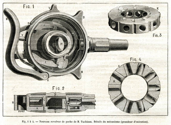REVOLVER New pocket revolver by M Turbiaux Details of the mechanism Illustration by Poyet from the magazine La Nature of September 15, 1883 Credit Collection KHARBINE TAPABOR  KH244542