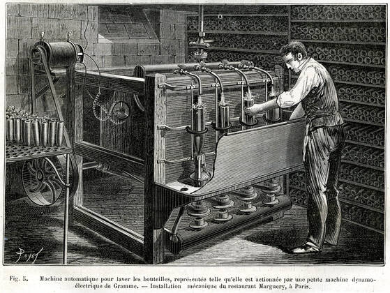 RESTAURATION XIXth c Automatic machine for washing bottles, represented as it is operated by a small dynamo electric machine of Gramme Mechanical installation of the restaurant Marguery, in Paris Illustration by Poyet 1846 1913 from the magazine La Nature of March 21, 1885 Credit Collection KHARBINE TAPABOR  KH244861