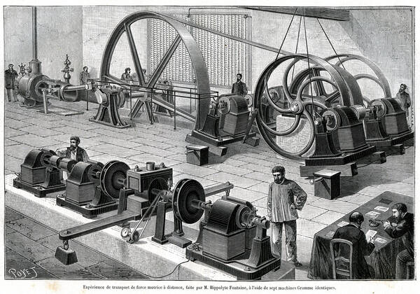 FORCE MOTRICE Experience of transporting motive force at a distance made by M Hippolyte Fontaine using seven identical Gramme machines Illustration by Poyet 1846 1913 from the magazine La Nature of January 1, 1887 Credit Collection KHARBINE TAPABOR  KH244958