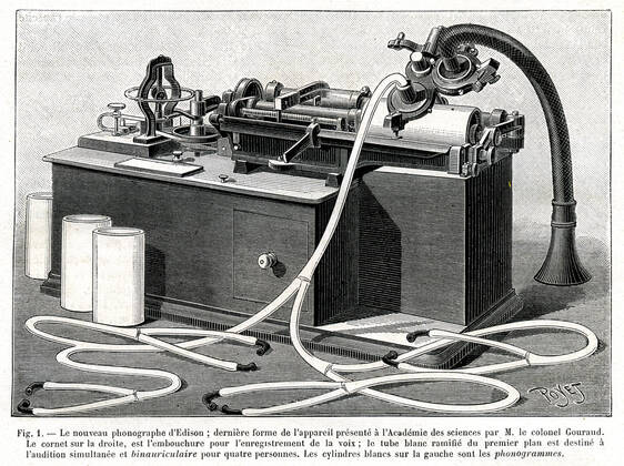 PHONOGRAPH XIXth c The new Edison phonograph, last form of the apparatus presented to the Academy of Sciences by Colonel Gouraud Illustration by Poyet 1846 1913 taken from the magazine La Nature of May 4, 1889 Credit Collection KHARBINE TAPABOR  KH246550