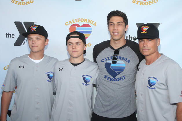 MALIBU, CA - JANUARY 12: Rob Lowe, John Owen Lowe, Matthew Edward Lowe, Christian Yelich, at the 2nd Annual California Strong Celebrity Softball Game at Pepperdine University Baseball Field in Malibu, California on January 12, 2020. Copyright: xFayexSadoux