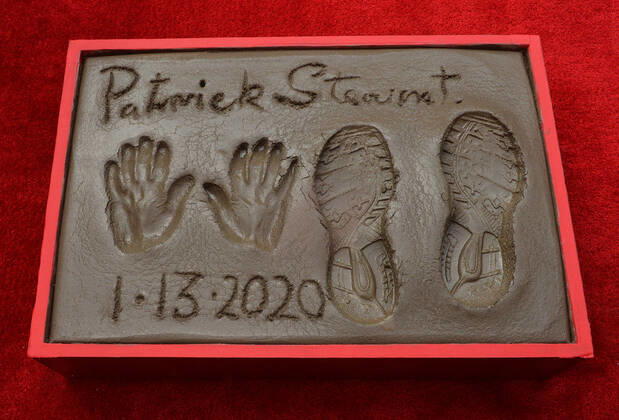 Actor Sir Patrick Stewart s hands and footprints are on display following a ceremony immortalizing him in the forecourt of the TCL Chinese Theatre (formerly Grauman s) in the Hollywood section of Los Angeles on Monday, January 13, 2020.  LAP2020011322 JIMxRUYMEN
