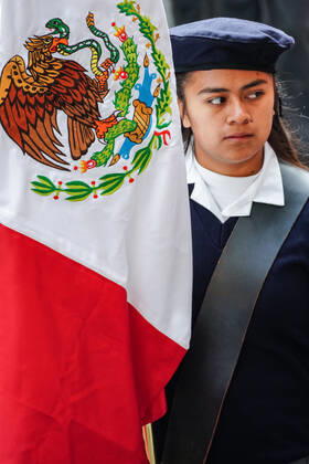 January 21, 2020, San Miguel De Allende, Guanajuato, Mexico: A young school girl carries the Mexican flag during a parade to celebrate the 251st birthday of the Mexican Independence hero Ignacio Allende January 21, 2020 in San Miguel de Allende, Guanajuato, Mexico. Allende, from a wealthy family in San Miguel played a major role in the independency war against Spain in 1810 and later honored by his home city by adding his name. San Miguel De Allende Mexico - ZUMAe02_ 20200121_zaf_e02_010 Copyright: xRichardxEllisx