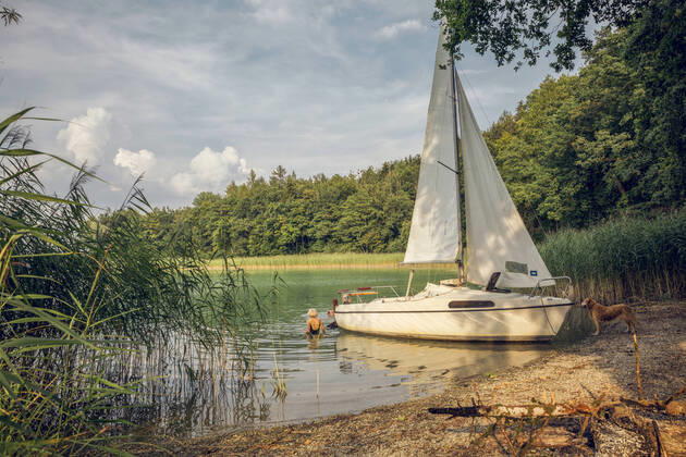 Sailing boat at lakeside, dog and two people swimming model released Symbolfoto property released  MAMF01031