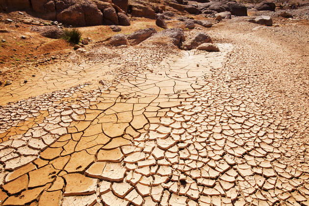 A dried up river bed in the Anti Atlas mountains of Morocco, North Africa. In recent years, rainfall totals have reduced by around 75% as a result of climate change. This has led to many Berb Tafraoute, Souss-Massa, Morocco CR_OQMH191212C-251074-01