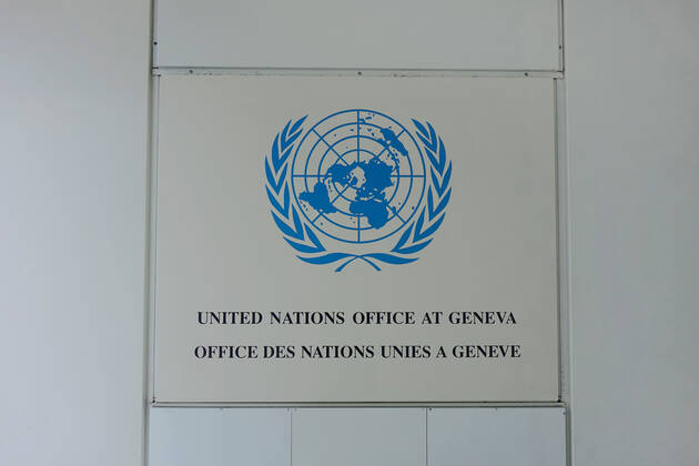 United Nations Office at Geneva United Nations Office at Geneva, 03 08 2019, Geneva, Avenue de la Paix, Switzerland, The United Nations logo is located at an office in Geneva