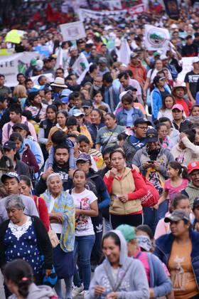 National Struggle Day protest in Mexico MEXICO CITY, MEXICO - JANUARY 31: Demonstrators take part during a march called National Struggle Day to protest for labor equality and demand labor rights and demand a job stability program during the demonstration, integrants of Union of Telephone Operators of the Mexican Republic, National Workers Union, Mexican Union of Electricians, Independent Workers Union of the Autonomous Metropolitan University participating to demand from the Federal Government a change of economic, political and social course for the country; as well as a dialogue around the Alternative Nation Project. at Reforma Avenue on January 31, 2020 in Mexico City, Mexico Copyright: xCarlosxTischlerx EYE_6479