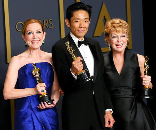 February 9, 2020, Hollywood, CA, USA: HOLLYWOOD, CA - FEBRUARY 9: Anne Morgan, Kazu Hiro, Vivian Baker poses in the press room during the 92nd Annual Academy Awards at Loews Hollywood Hotel on February 9, 2020 in Hollywood, California. Photo: Christopher Victorio imageSPACE Hollywood USA - ZUMAs181 20200209_zea_s181_249 Copyright: xImagespacex