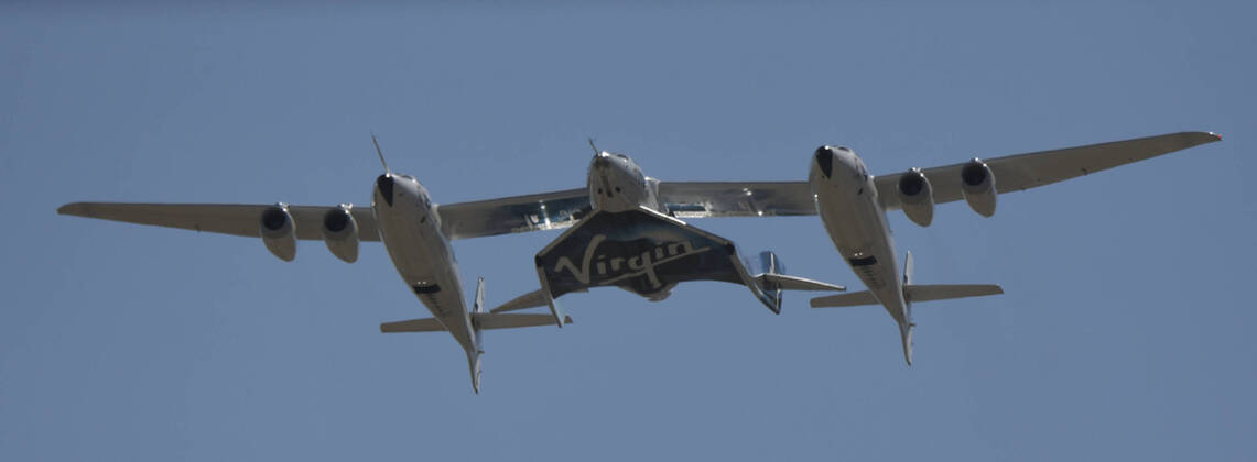 Virgin Galactic s WhiteKnight takes off with SpaceShipTwo Unity for the final time from Mojave spaceport Thursday, CA USA. Feb 13,2020. Unity and WhiteKnight will continue to do test for people to go up into space at the Virgin Spaceport America in New Mexico. Mojave USA - ZUMAbl1_ 20200213_zaf_bl1_008 Copyright: xGenexBlevinsx