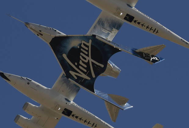 Virgin Galactic s WhiteKnight takes off with SpaceShipTwo Unity for the final time from Mojave spaceport Thursday, CA USA. Feb 13,2020. Unity and WhiteKnight will continue to do test for people to go up into space at the Virgin Spaceport America in New Mexico. Mojave USA - ZUMAbl1_ 20200213_zaf_bl1_010 Copyright: xGenexBlevinsx