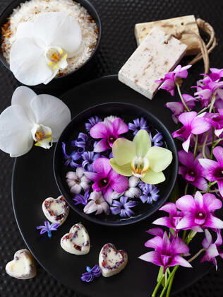 Colourful hyacinths and orchids on dark background 1079706003
